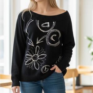 Desigual Graphic Sweater Black Hearts Love Me You Boatneck Lightweight M Bold